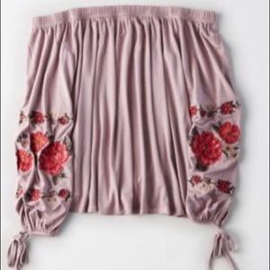 Embroidered sleeve off shoulder top